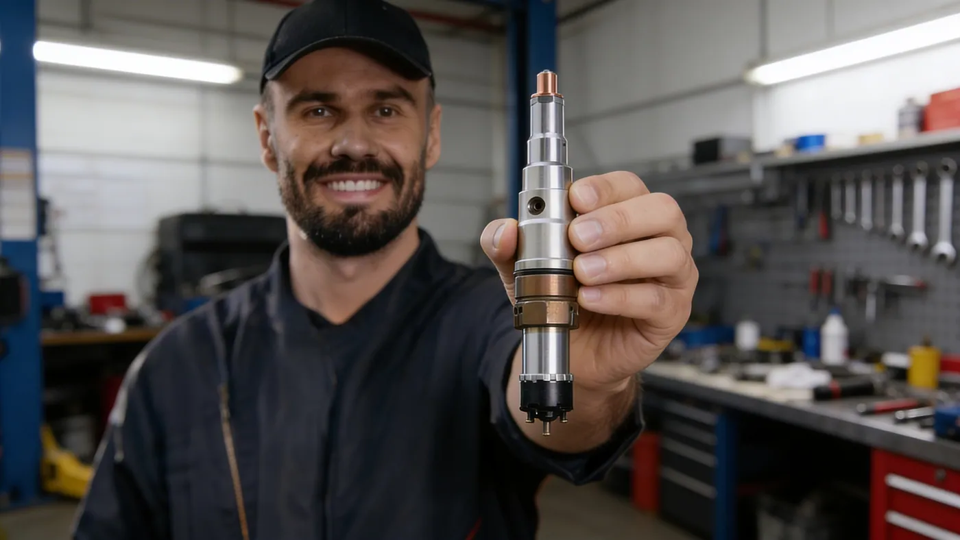 A technician holding a cleaned diesel injector