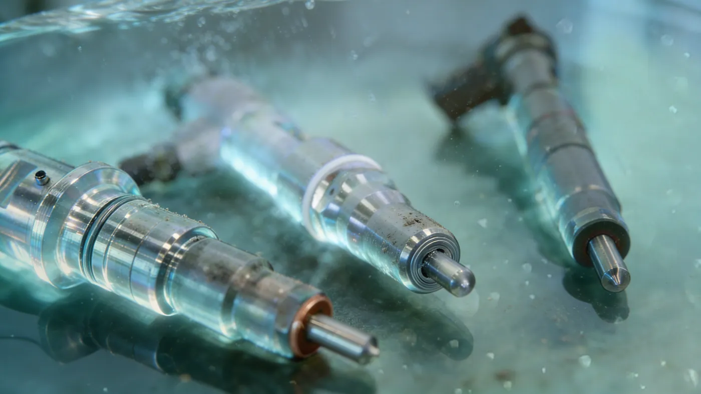 Diesel injectors submerged in cleaning liquid