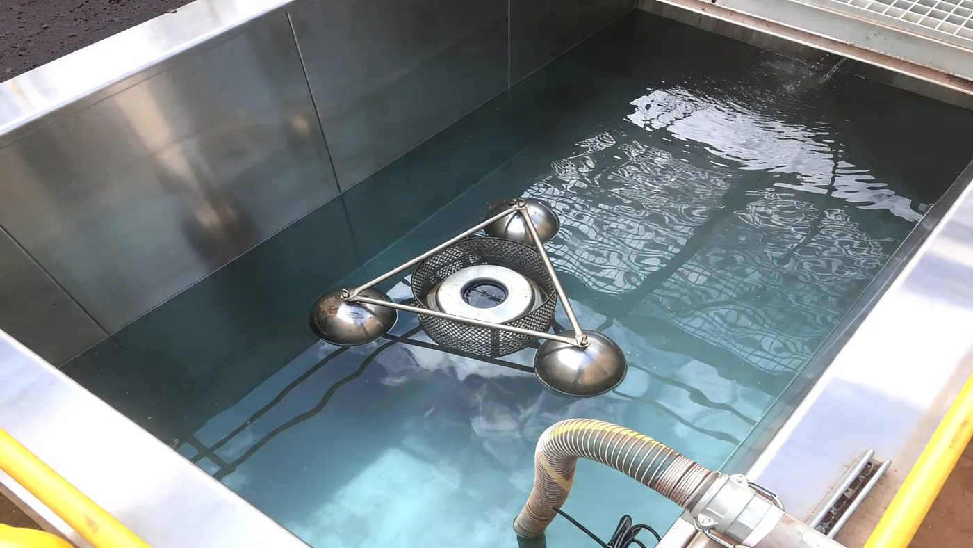Floating oil skimmer on the surface of a large cleaning tank
