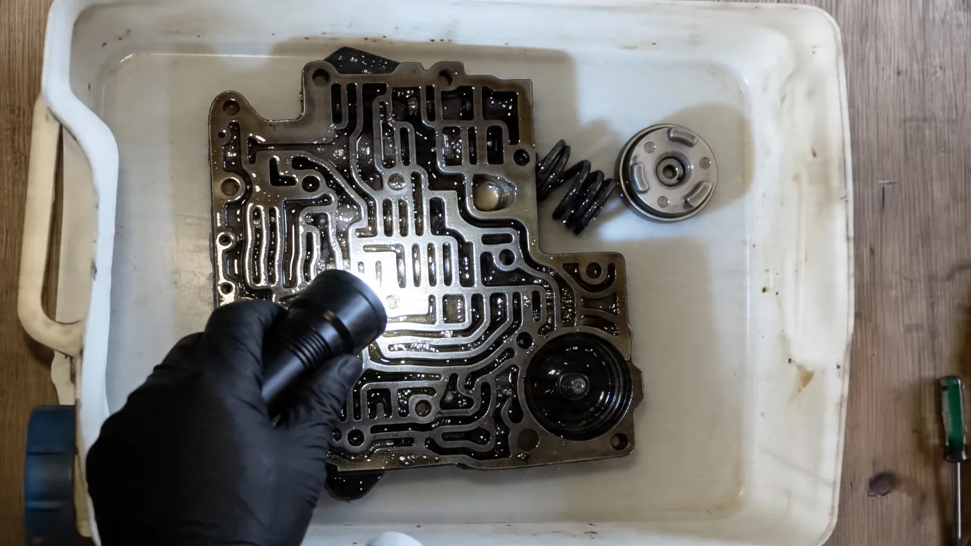 Öliger Schieberkasten eines Automatikgetriebes in einer Ablaufwanne