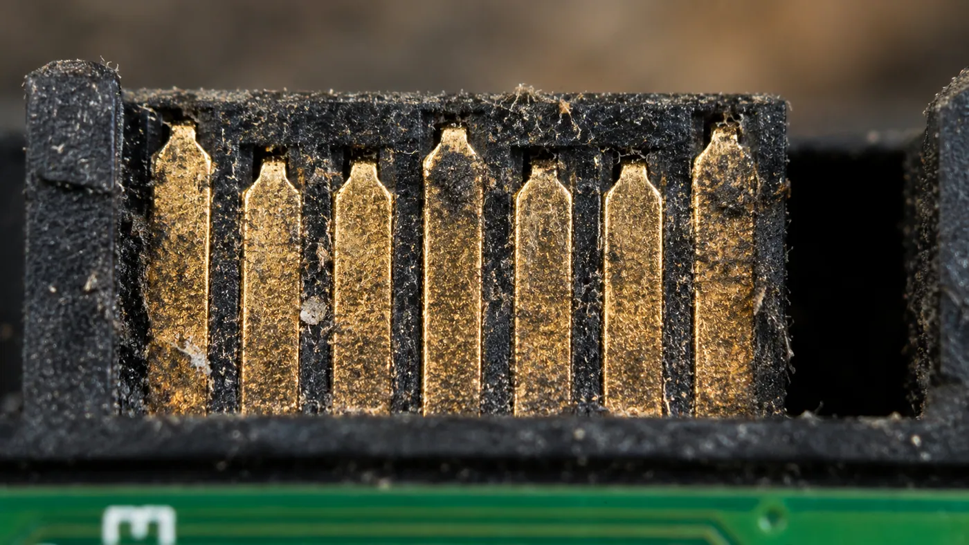 Gold-plated connector contacts with dust and fibres in the cavities