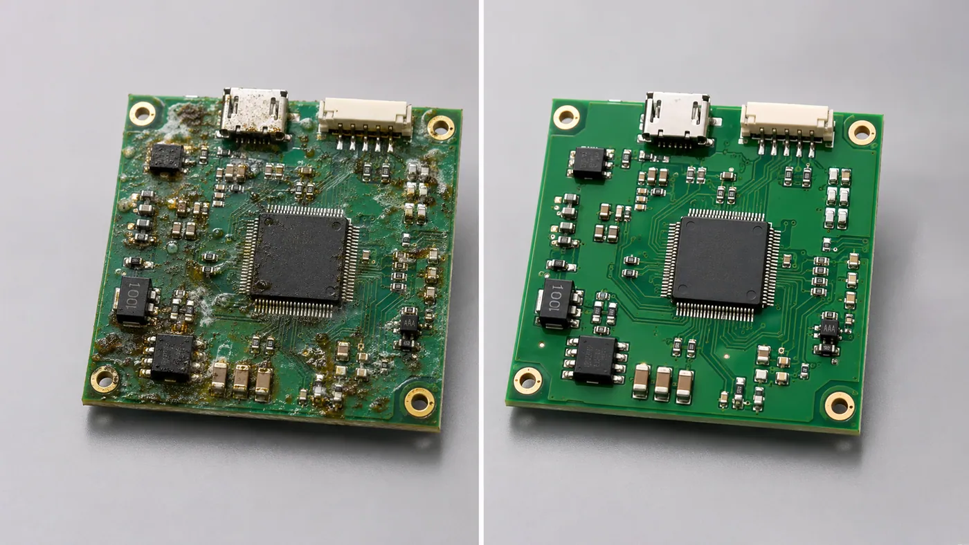 Two small assemblies: one with flux residue around the parts, one cleaned