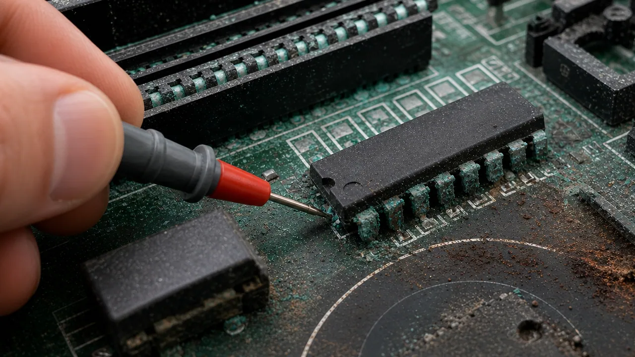 Dust and residue between the pins of a chip, with a test probe