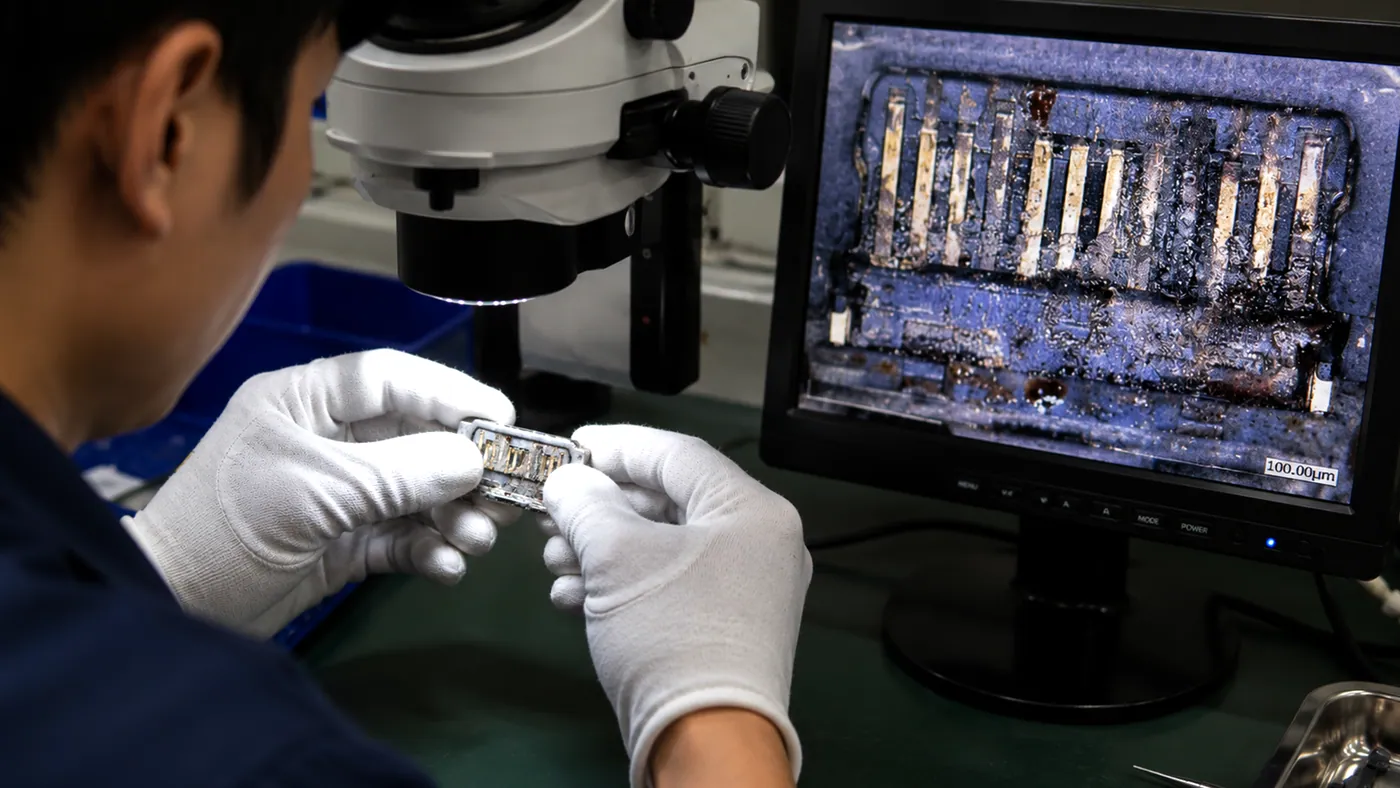 Inspecting a charging port under a stereo microscope
