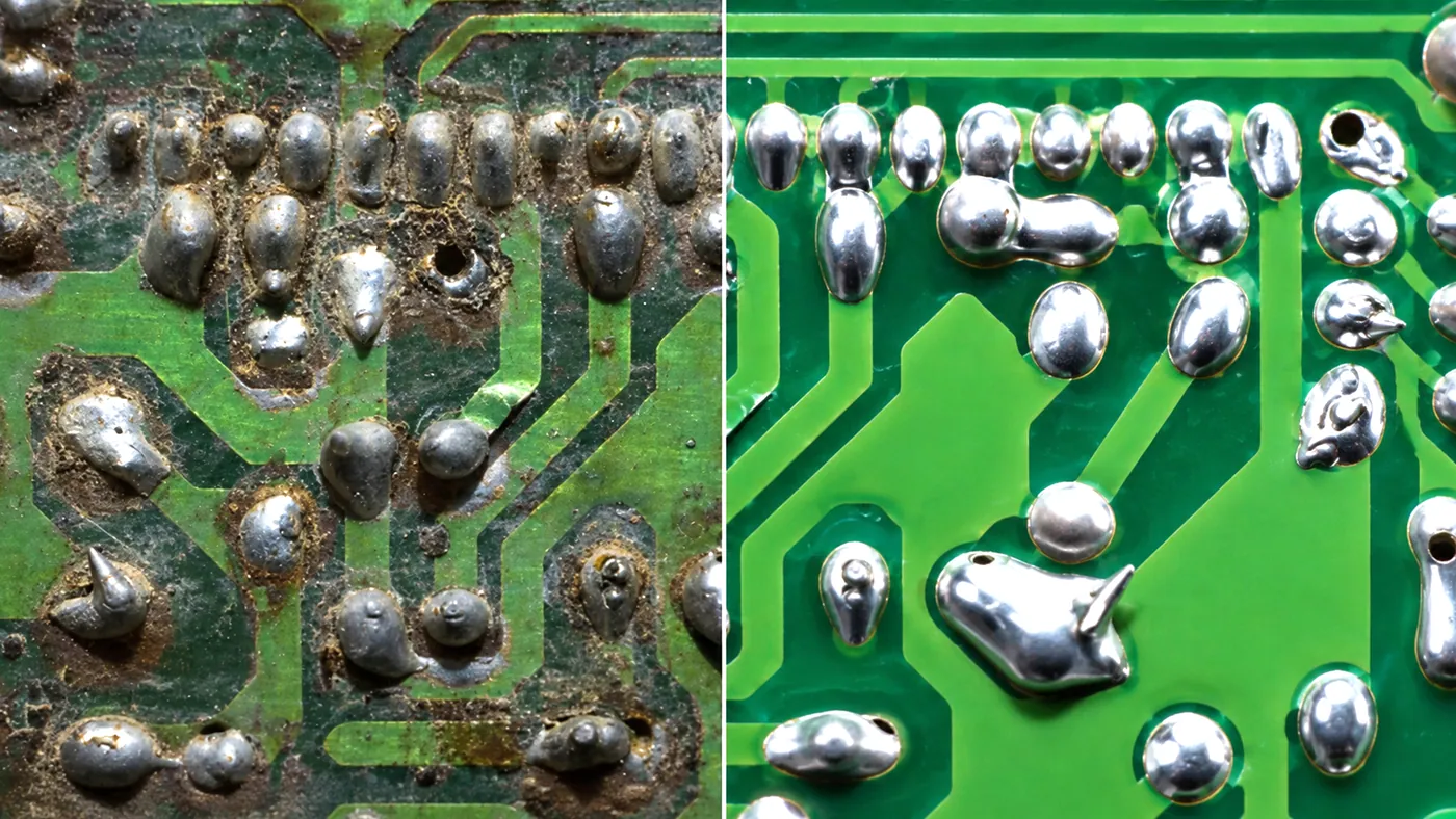 Solder side of a board: residue and dirt around the joints, and the same area cleaned