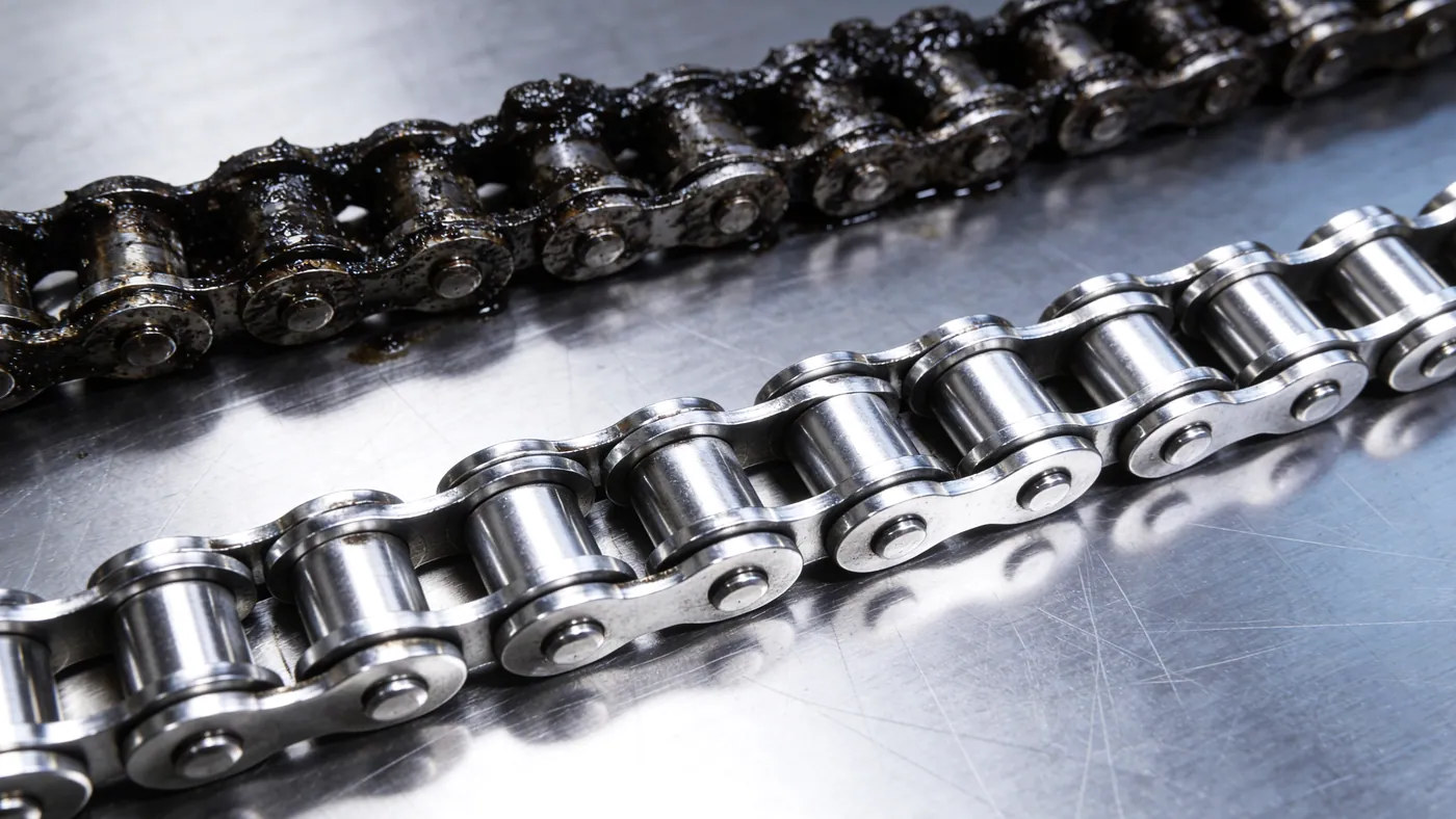A soiled and a cleaned length of roller chain