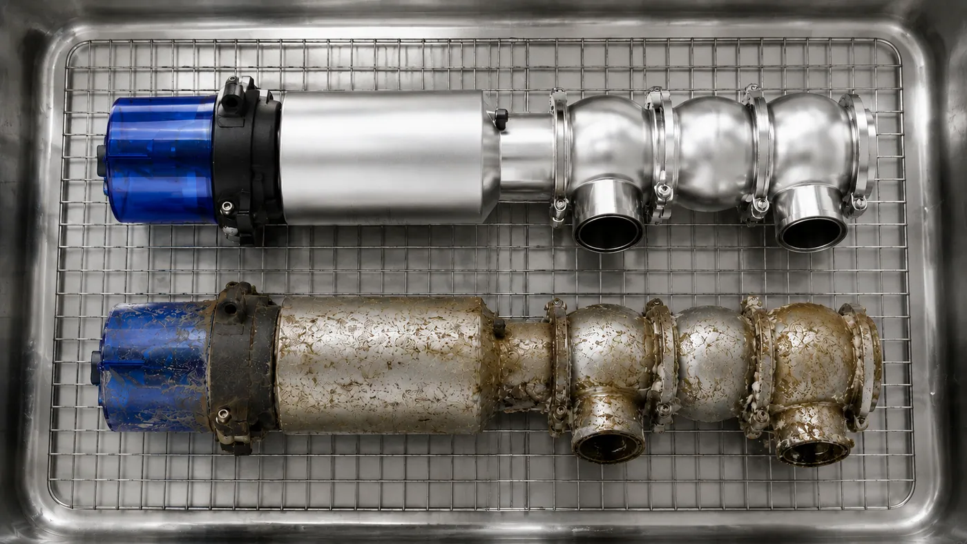 Two dairy process valves: one with milk deposits, one cleaned