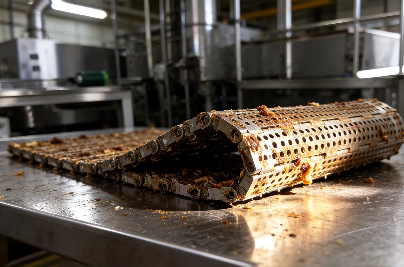 Stainless link conveyor belt with baked-on product residue
