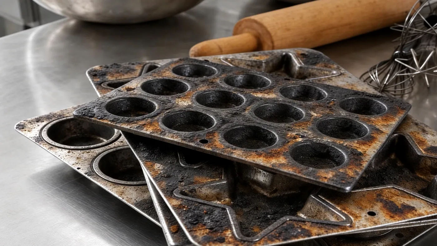 Baking tins with carbonised fat and release oil
