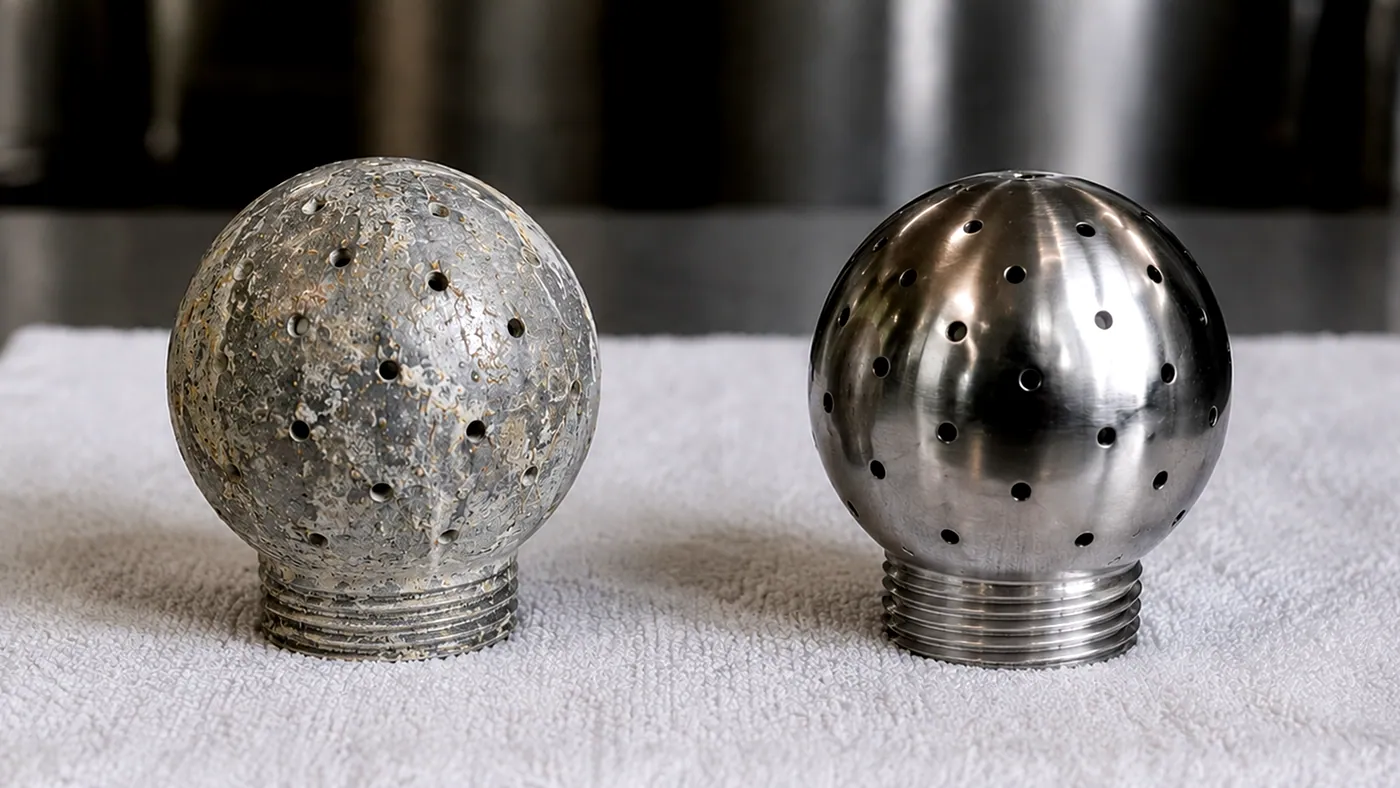 Une boule de lavage entartrée et une boule nettoyée