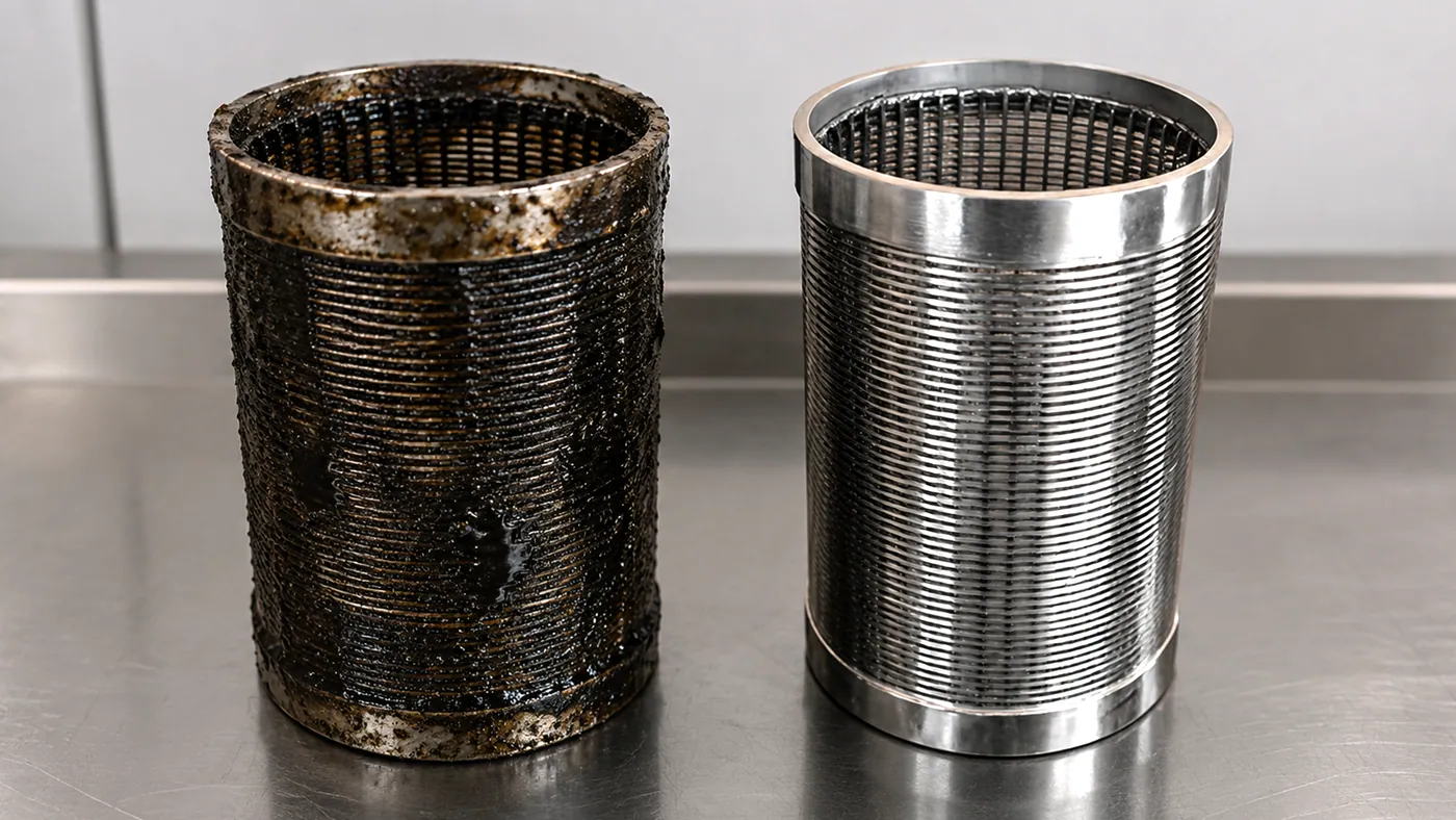 A carbon-blocked and a cleaned wedge-wire filter basket