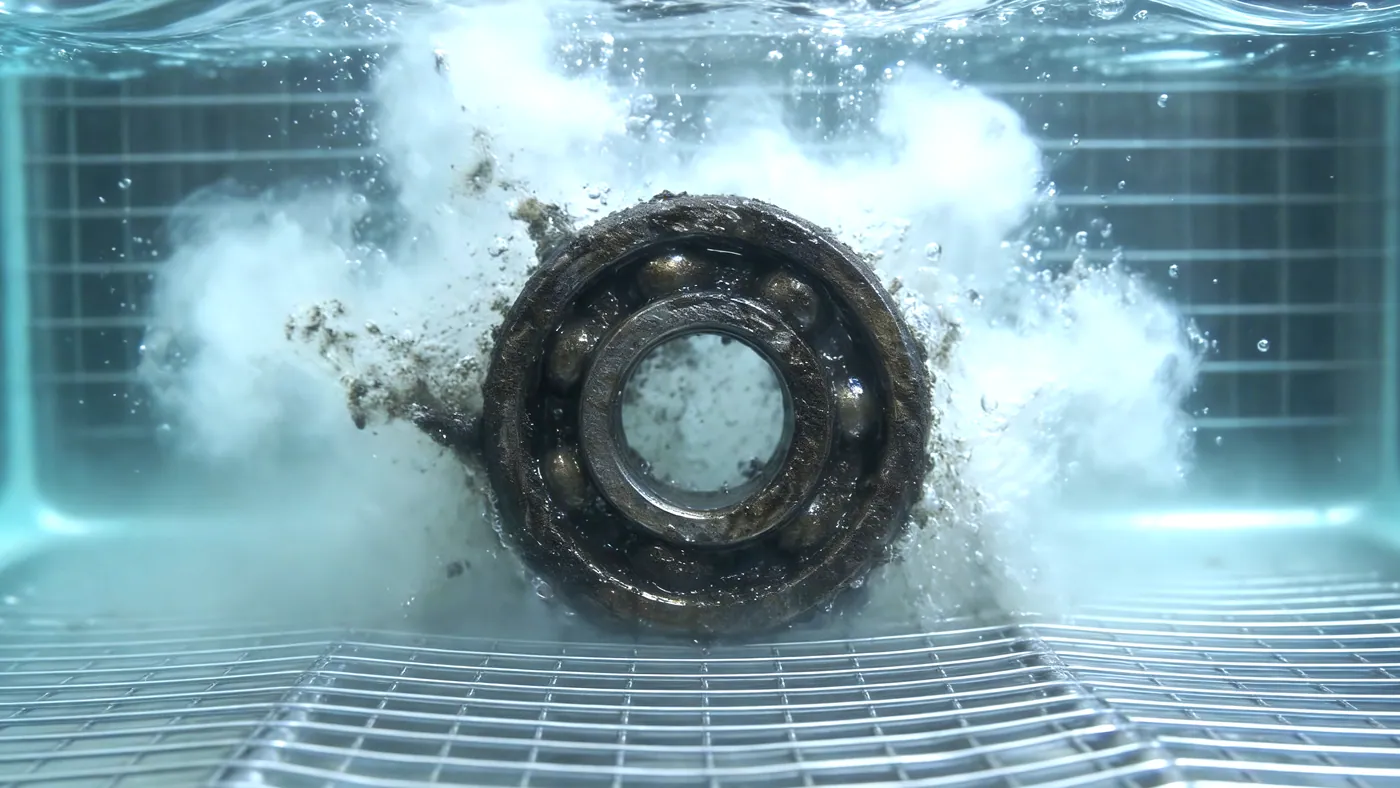 Grease and dirt lifting off a ball bearing in the bath