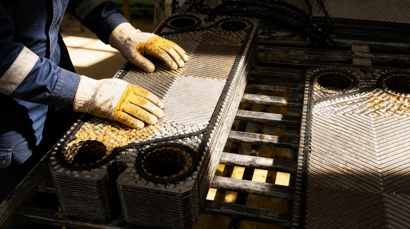 Heat exchanger plates out of the frame, stacked for cleaning