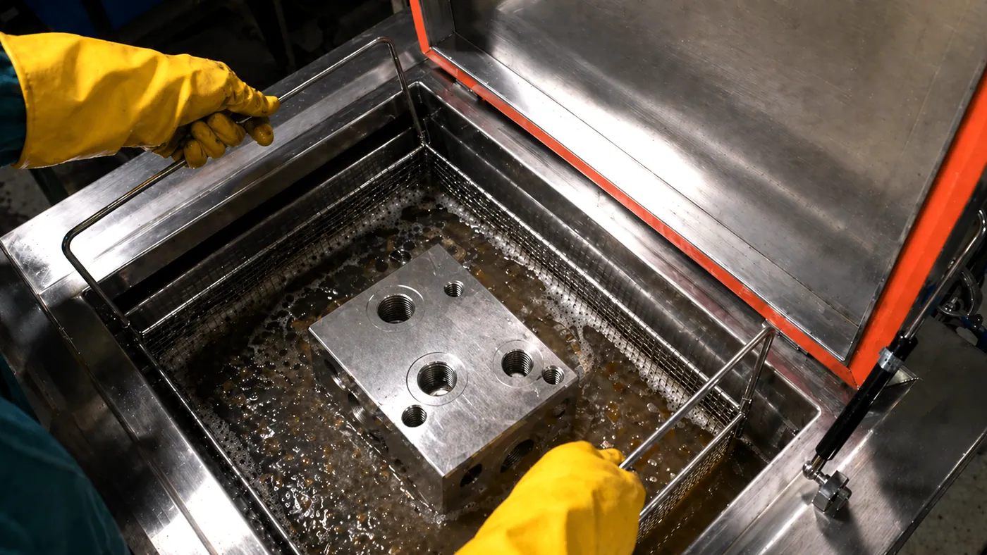 Hydraulic manifold block in the wash basket, bath loaded with oil and fines