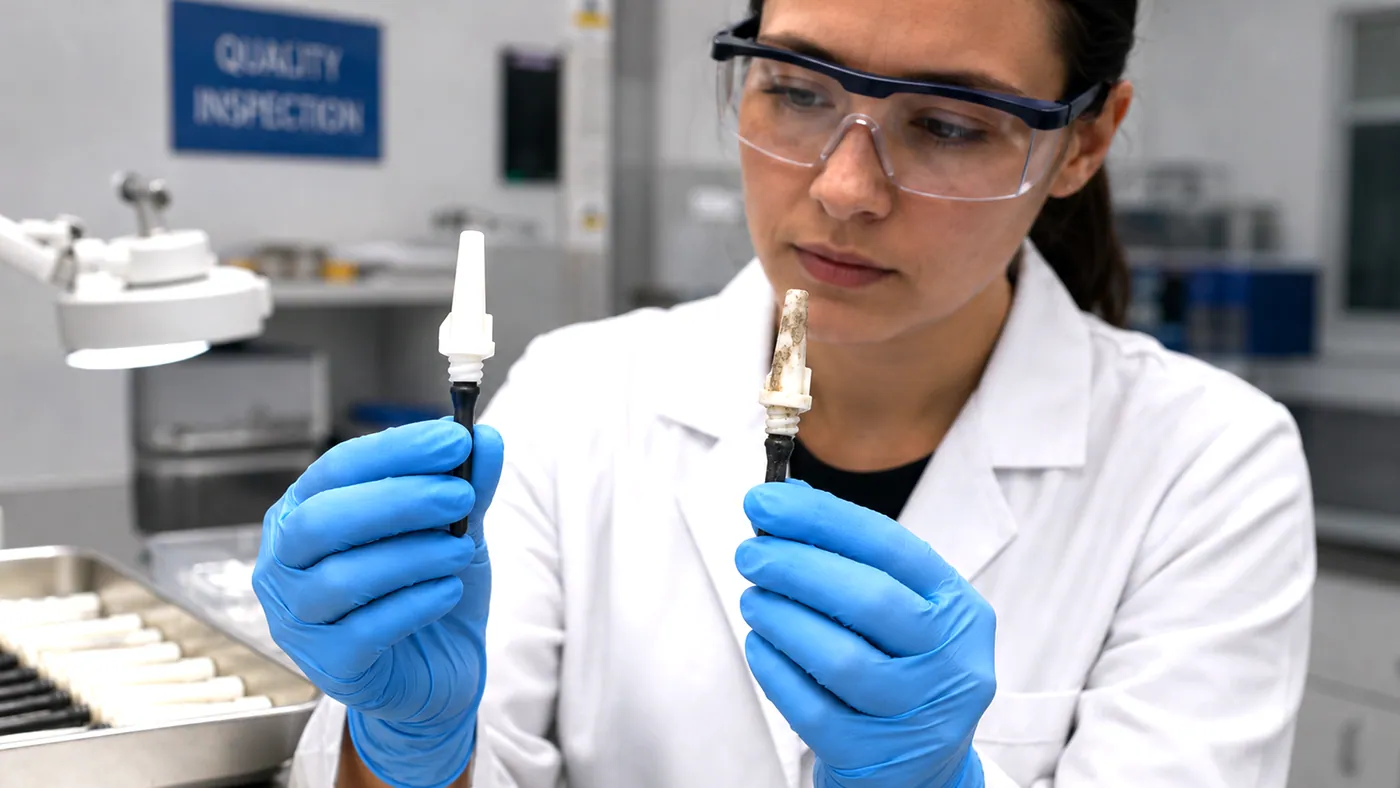 Inspecting two moulded components: one clean, one with residue