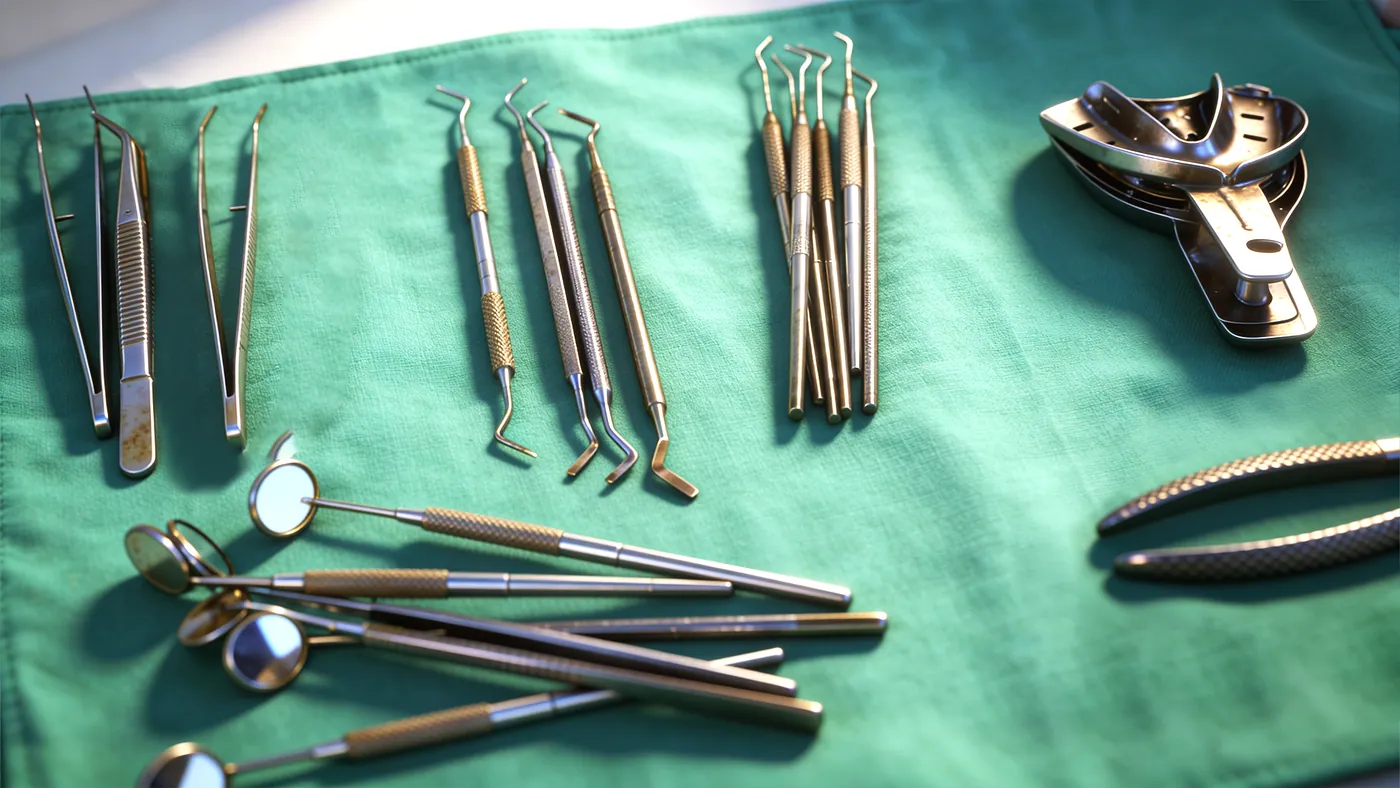 Instruments dentaires et porte-empreintes sur un champ après le soin