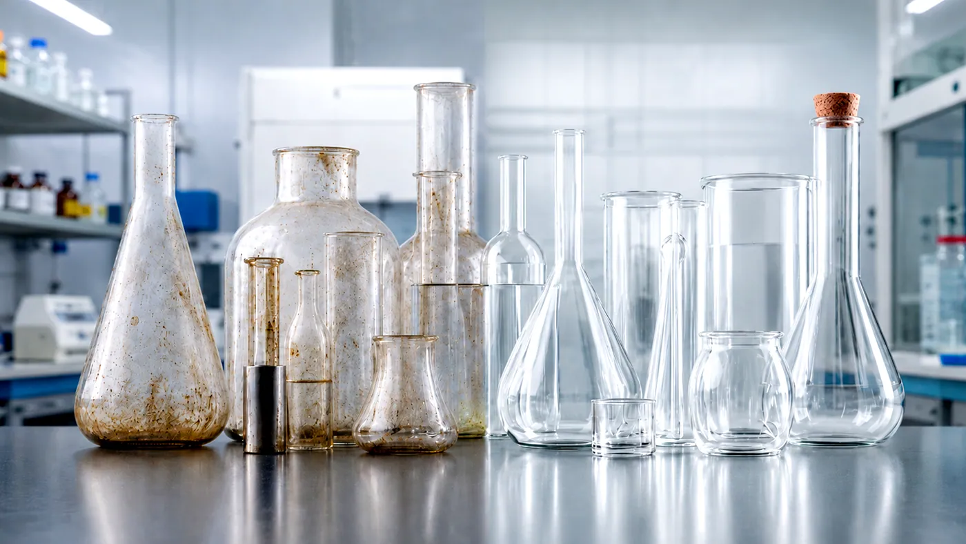 Laboratory glassware with dried residue next to cleaned glassware