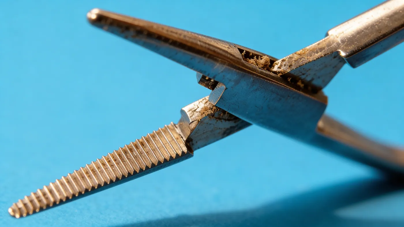 Needle holder with soil packed into the jaw serrations and the box joint