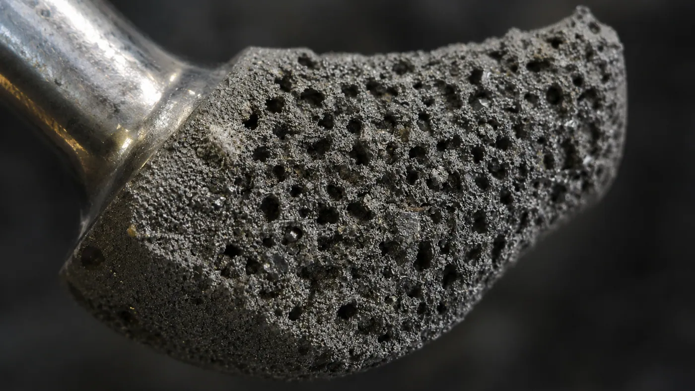 Porous coating on a hip implant stem: the structure that holds particles