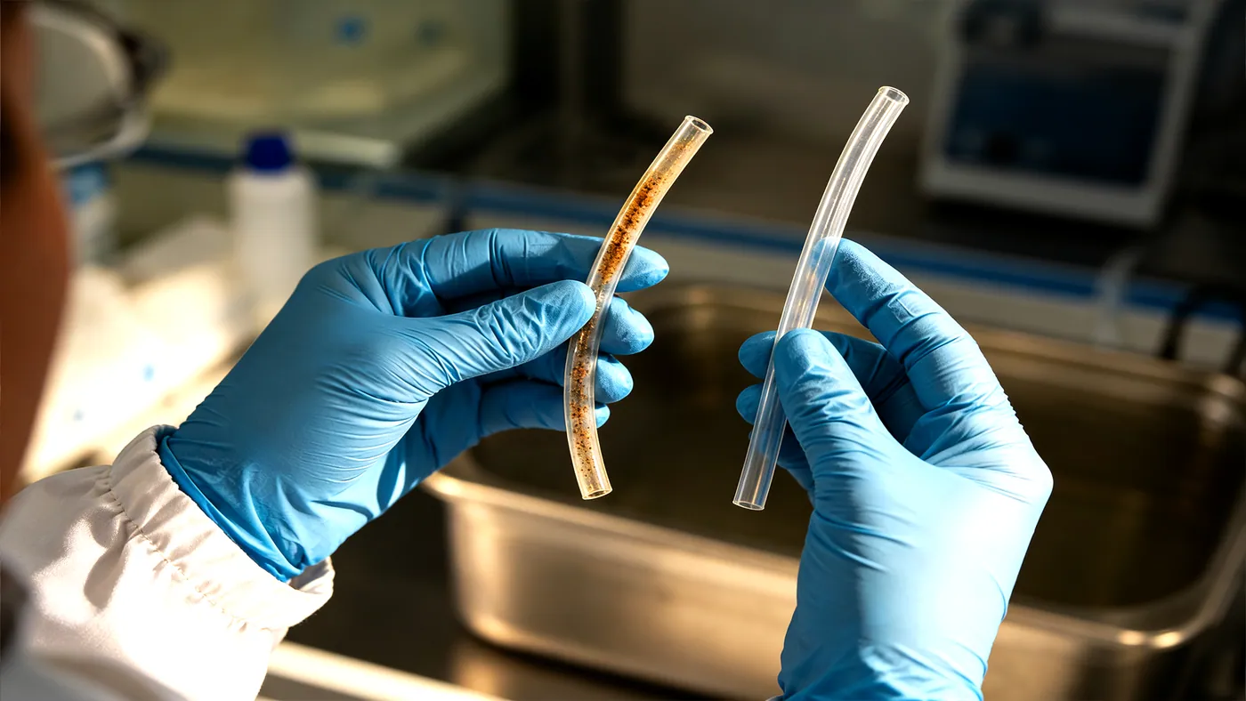 A soiled tube and a cleaned tube held over the tank