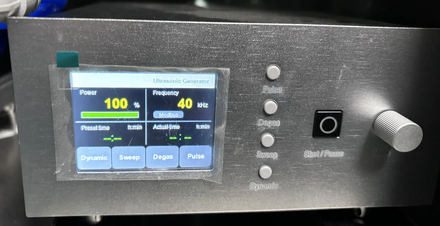 A digital generator on an industrial machine: power, frequency and the sweep, degas, pulse and dynamic modes on one panel.