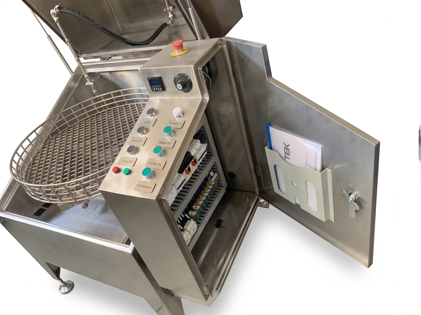 SPR-250 rotating spray washer — control cabinet open