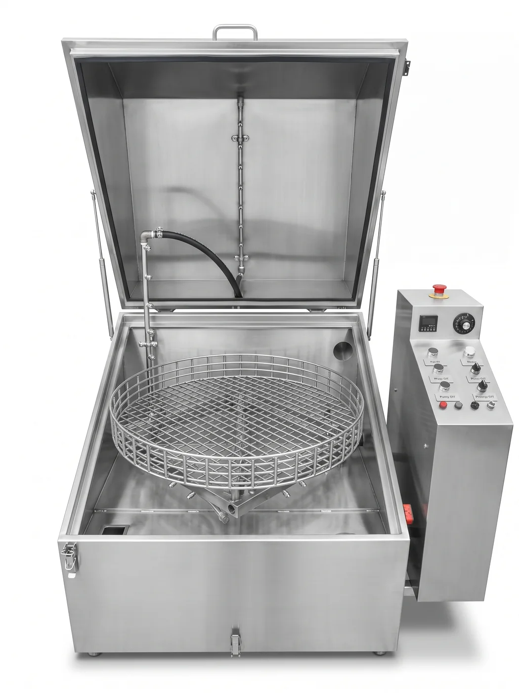SPR-250 rotating spray washer — lid open, rotating basket and spray bars