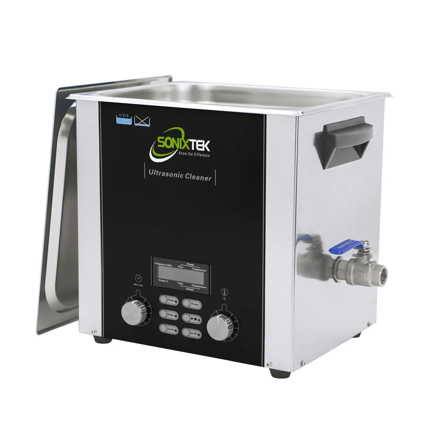 SX series benchtop cleaner with drain valve, lid open